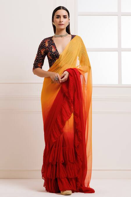 Geroo Jaipur Red Chiffon Ombre Ruffle Pre-draped Saree With Unstitched Blouse Fabric