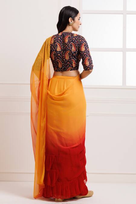 Shop Geroo Jaipur Red Chiffon Ruffles Ombre Pre-draped Saree With Unstitched Blouse Fabric at Aza Fashions Shop_Geroo Jaipur_Red Chiffon Ruffles Ombre Pre-draped Saree With Unstitched Blouse Fabric_at_Aza_Fashions