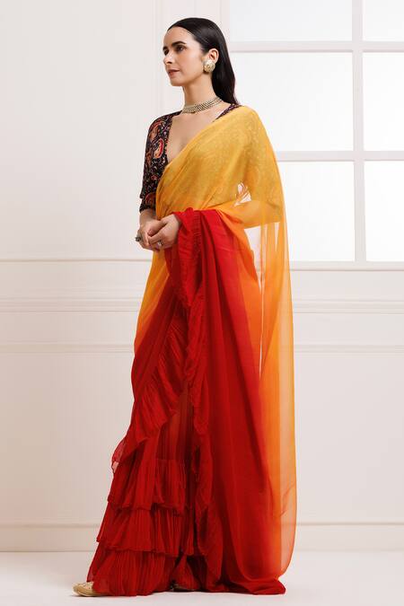 Geroo Jaipur Red Chiffon Ruffles Ombre Pre-draped Saree With Unstitched Blouse Fabric Online at Aza Fashions Geroo Jaipur_Red Chiffon Ruffles Ombre Pre-draped Saree With Unstitched Blouse Fabric_Online_at_Aza_Fashions