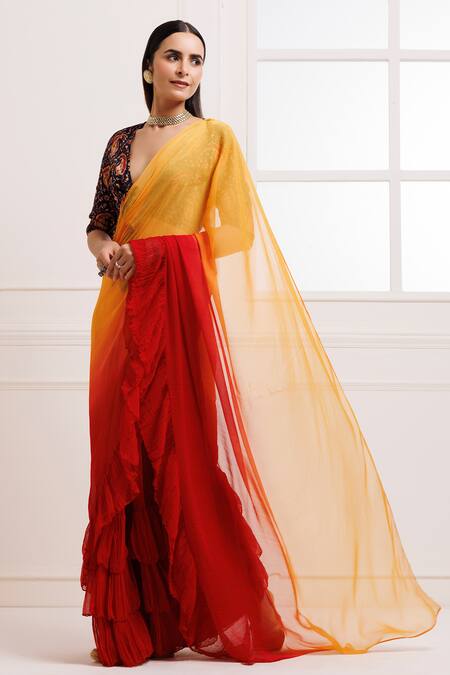 Buy Geroo Jaipur Red Chiffon Ruffles Ombre Pre-draped Saree With Unstitched Blouse Fabric Online at Aza Fashions Buy_Geroo Jaipur_Red Chiffon Ruffles Ombre Pre-draped Saree With Unstitched Blouse Fabric_Online_at_Aza_Fashions