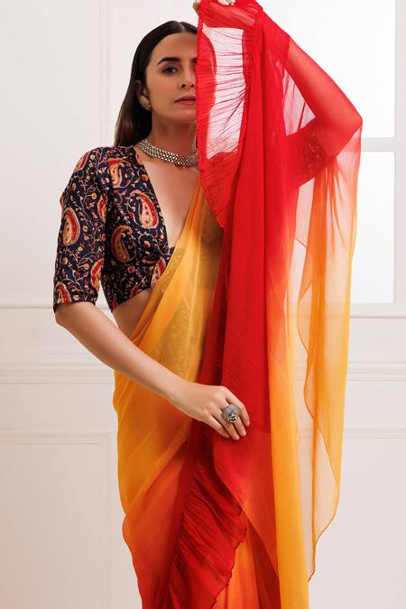 Shop Geroo Jaipur Red Chiffon Ruffles Ombre Pre-draped Saree With Unstitched Blouse Fabric Online at Aza Fashions Shop_Geroo Jaipur_Red Chiffon Ruffles Ombre Pre-draped Saree With Unstitched Blouse Fabric_Online_at_Aza_Fashions