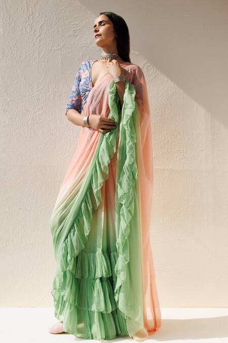 Buy_Geroo Jaipur_Green Chiffon Ruffles Shaded Pre-draped Saree With Unstitched Blouse Fabric_Online_at_Aza_Fashions