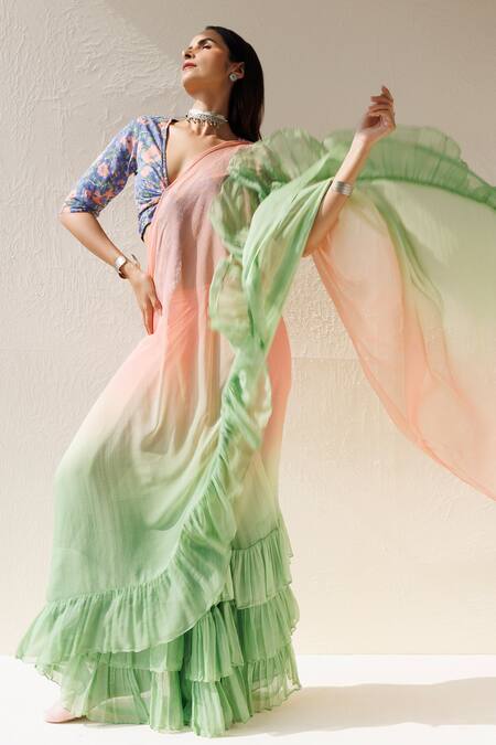 Geroo Jaipur_Green Chiffon Ruffles Shaded Pre-draped Saree With Unstitched Blouse Fabric_at_Aza_Fashions