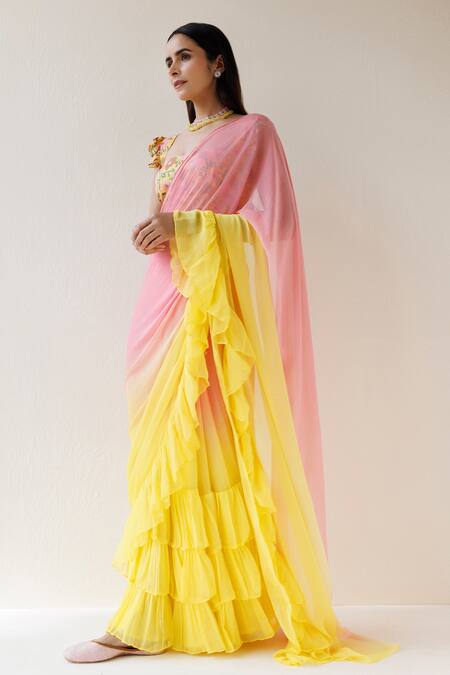 Geroo Jaipur_Yellow Chiffon Ruffle Pre-draped Shaded Saree With Unstitched Blouse Fabric_Online_at_Aza_Fashions