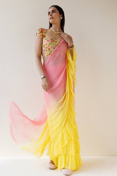 Buy_Geroo Jaipur_Yellow Chiffon Ruffle Pre-draped Shaded Saree With Unstitched Blouse Fabric_Online_at_Aza_Fashions