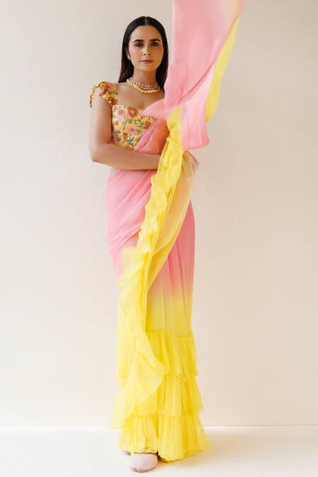 Shop_Geroo Jaipur_Yellow Chiffon Ruffle Pre-draped Shaded Saree With Unstitched Blouse Fabric_Online_at_Aza_Fashions