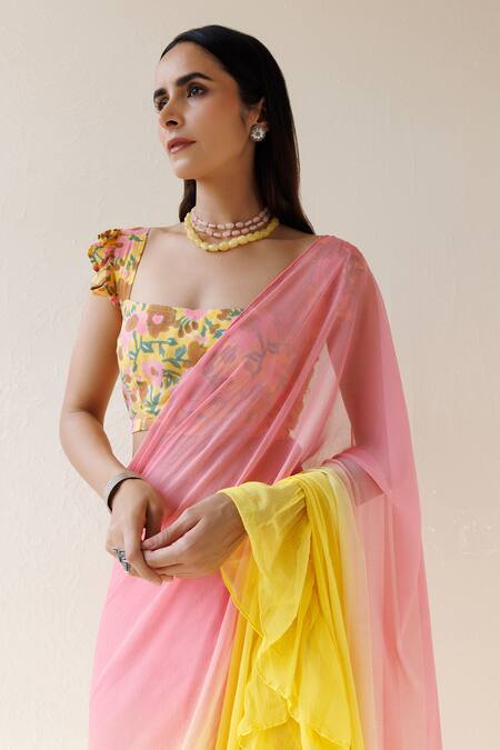 Geroo Jaipur_Yellow Chiffon Ruffle Pre-draped Shaded Saree With Unstitched Blouse Fabric_at_Aza_Fashions