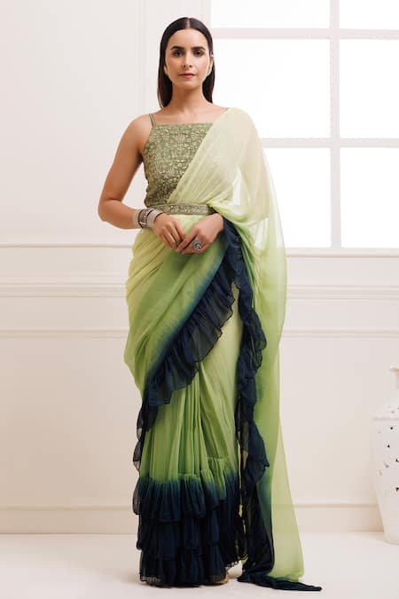 Geroo Jaipur Green Chiffon Ombre Thread Pre-draped Ruffle Saree With Embroidered Blouse