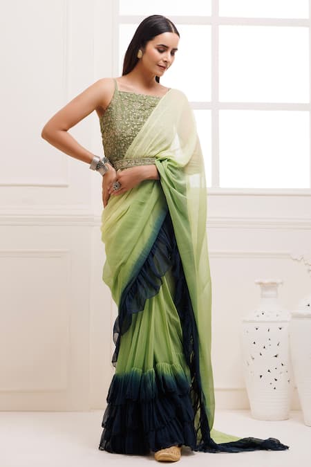 Shop_Geroo Jaipur_Green Chiffon Embroidery, Piping Ombre Pre-draped Ruffle Saree With Blouse_Online_at_Aza_Fashions