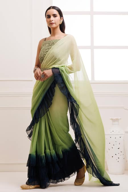 Geroo Jaipur_Green Chiffon Embroidery, Piping Ombre Pre-draped Ruffle Saree With Blouse_at_Aza_Fashions