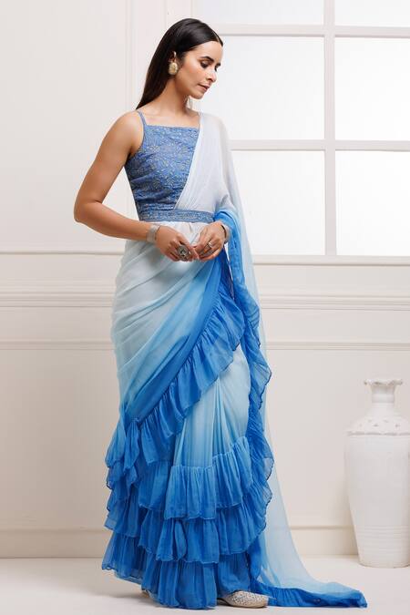 Geroo Jaipur_Blue Chiffon Embroidery Square Neck Pre-draped Ruffle Saree With Blouse_Online_at_Aza_Fashions