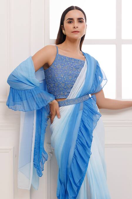 Shop_Geroo Jaipur_Blue Chiffon Embroidery Square Neck Pre-draped Ruffle Saree With Blouse_Online_at_Aza_Fashions