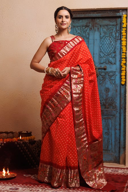 Geroo Jaipur Orange Bandhani Zari Silk Pattern Saree With Unstitched Blouse Piece