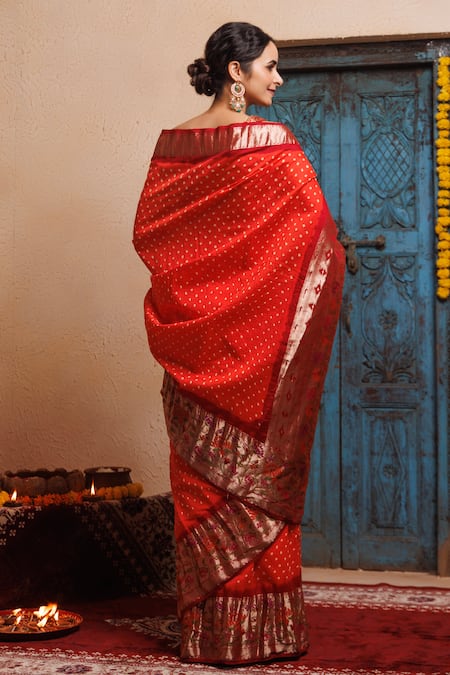 Shop Geroo Jaipur Orange Silk Zari Bandhani Pattern Saree With Unstitched Blouse Piece at Aza Fashions Shop_Geroo Jaipur_Orange Silk Zari Bandhani Pattern Saree With Unstitched Blouse Piece _at_Aza_Fashions