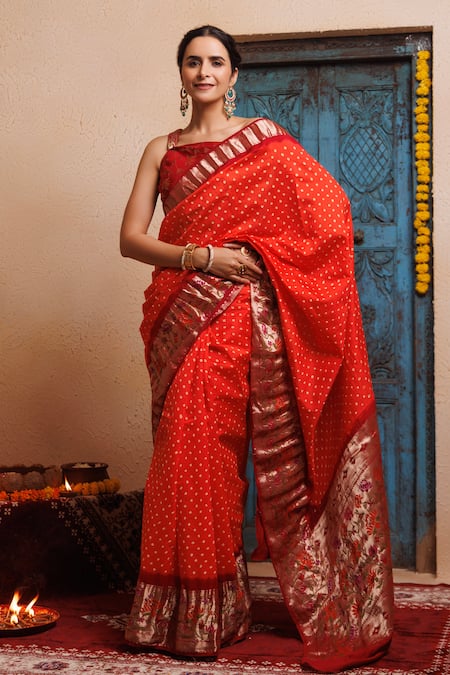 Buy Geroo Jaipur Orange Silk Zari Bandhani Pattern Saree With Unstitched Blouse Piece Online at Aza Fashions Buy_Geroo Jaipur_Orange Silk Zari Bandhani Pattern Saree With Unstitched Blouse Piece _Online_at_Aza_Fashions
