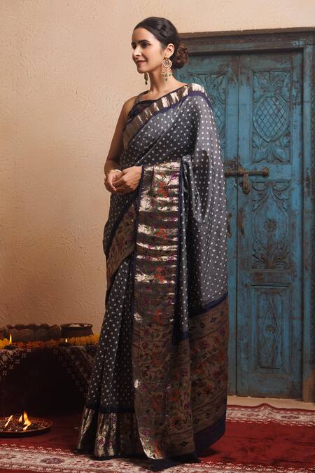 Shop_Geroo Jaipur_Grey Silk Embroidery, Zari Bandhani Woven Saree With Unstitched Blouse Piece _Online_at_Aza_Fashions