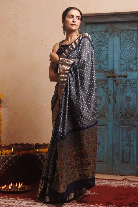Geroo Jaipur_Grey Silk Embroidery, Zari Bandhani Woven Saree With Unstitched Blouse Piece _at_Aza_Fashions
