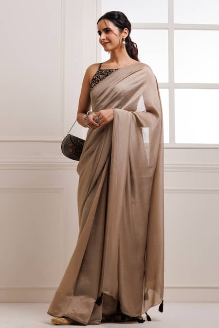Shop_Geroo Jaipur_Beige Silk Gota Patti, Embroidery Square Neck Saree With Blouse _Online_at_Aza_Fashions