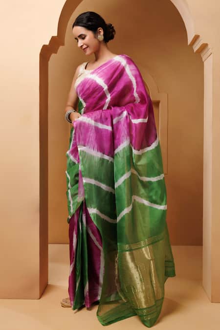 Geroo Jaipur_Pink Silk Leheriya Hand Dyed Saree With Unstitched Blouse Piece_Online_at_Aza_Fashions