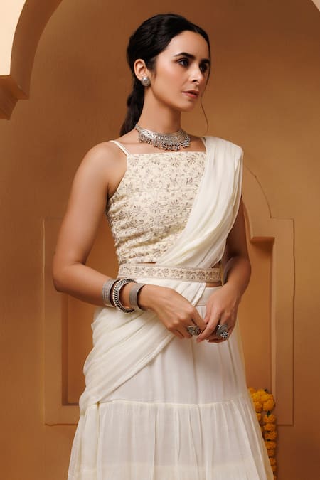 Buy_Geroo Jaipur_Off White Chiffon Embroidery, Tassels Pre-draped Ruffled Saree With Blouse_Online_at_Aza_Fashions