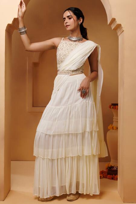 Geroo Jaipur_Off White Chiffon Embroidery, Tassels Pre-draped Ruffled Saree With Blouse_at_Aza_Fashions
