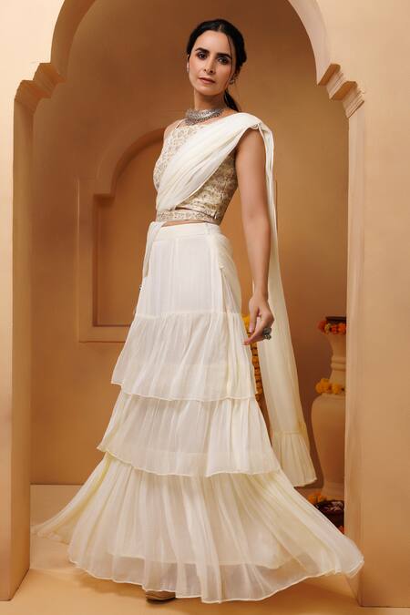 Buy_Geroo Jaipur_Off White Chiffon Embroidery, Tassels Pre-draped Ruffled Saree With Blouse