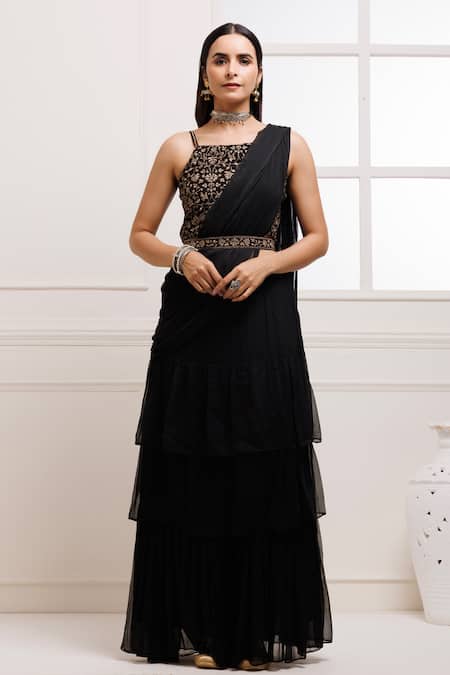 Geroo Jaipur Black Chiffon Embroidered Blouse Floral Pre-draped Ruffled Saree With
