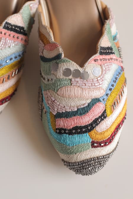 Foot Fuel_Multi Color Zari, Sequins Jeena Thread And Zardosi Work Mule Heels _Online_at_Aza_Fashions