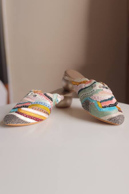 Shop_Foot Fuel_Multi Color Zari, Sequins Jeena Thread And Zardosi Work Mule Heels _Online_at_Aza_Fashions