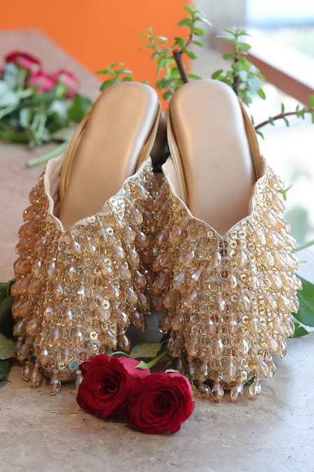 Buy_Foot Fuel_Gold Crystals Embellished Mule Heels _Online_at_Aza_Fashions