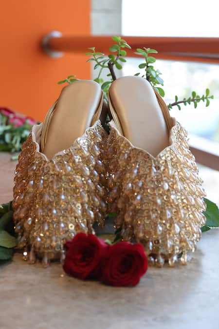 Shop_Foot Fuel_Gold Crystals Embellished Mule Heels _Online_at_Aza_Fashions