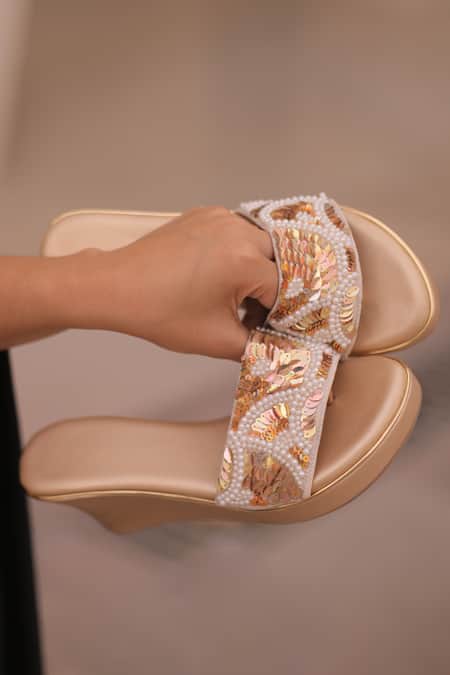 Foot Fuel_Gold Embroidery, Sequins Jaa Zardosi Embellished Wedges _Online_at_Aza_Fashions