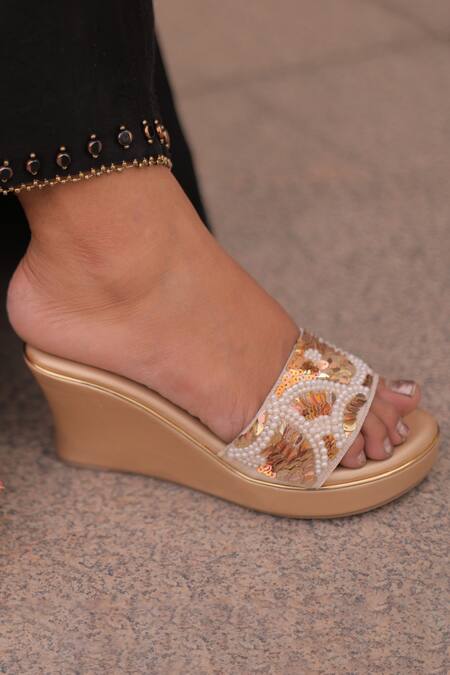 Shop_Foot Fuel_Gold Embroidery, Sequins Jaa Zardosi Embellished Wedges _Online_at_Aza_Fashions
