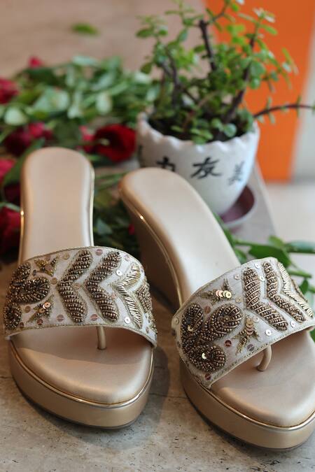 Buy_Foot Fuel_Gold Zari, Sequins Kabhi Zardosi And Embellished Wedges _Online_at_Aza_Fashions
