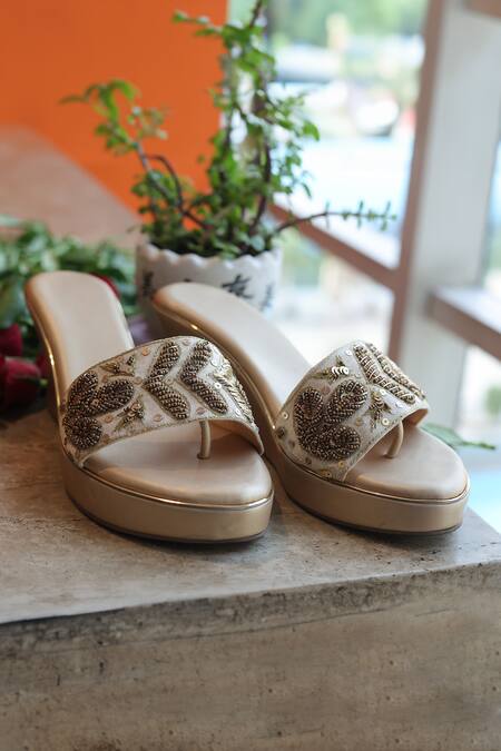 Foot Fuel_Gold Zari, Sequins Kabhi Zardosi And Embellished Wedges _Online_at_Aza_Fashions