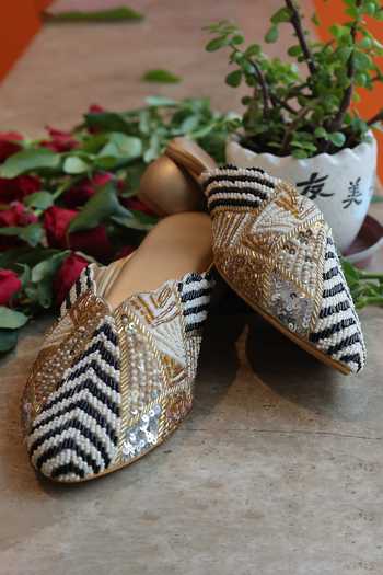 Shop_Foot Fuel_Gold Beads, Zari, Sequins Khayal Pearl And Work Mule Heels _Online_at_Aza_Fashions