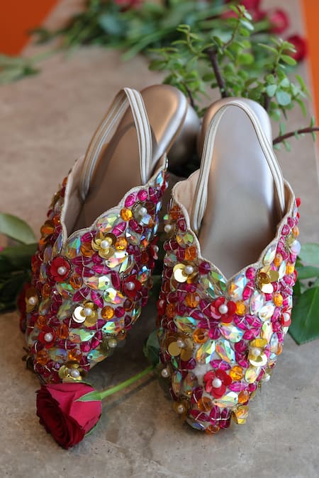 Foot Fuel_Multi Color Beads, Crystals, Sequins Knotted And Embellished Mules _Online_at_Aza_Fashions