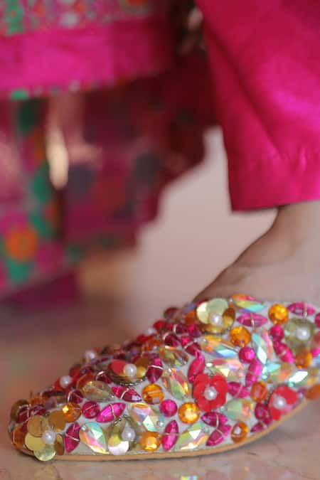 Shop_Foot Fuel_Multi Color Beads, Crystals, Sequins Knotted And Embellished Mules _Online_at_Aza_Fashions