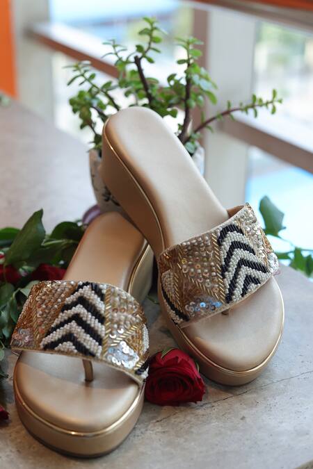 Buy_Foot Fuel_Gold Pearls, Sequins, Beads Nazar Chevron Prism Embellished Wedges _Online_at_Aza_Fashions