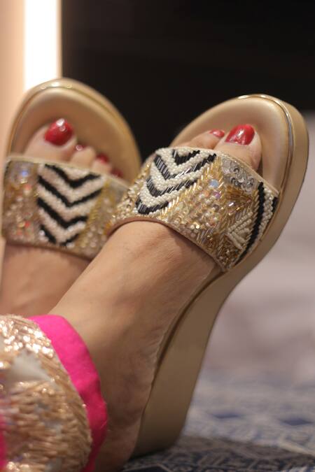 Foot Fuel_Gold Pearls, Sequins, Beads Nazar Chevron Prism Embellished Wedges _at_Aza_Fashions