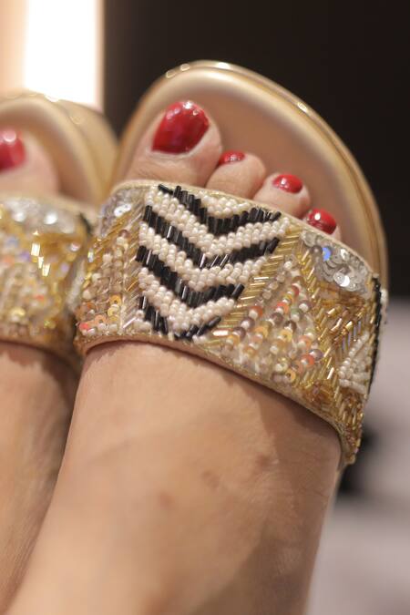 Buy_Foot Fuel_Gold Pearls, Sequins, Beads Nazar Chevron Prism Embellished Wedges 