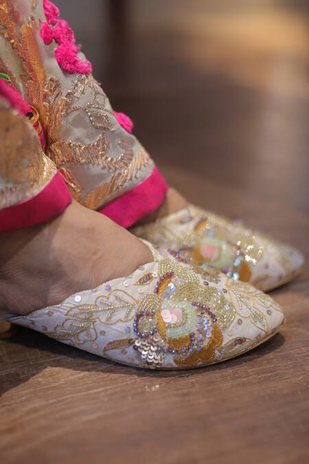Foot Fuel_Gold Sequins, Beads, Cut Work Sukhi Blossom Embellished Juttis _at_Aza_Fashions
