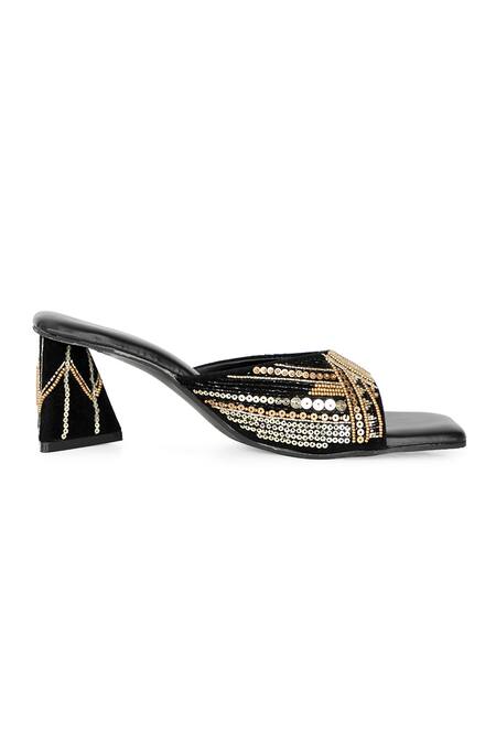 NR By Nidhi Rathi_Black Embellished Sequin Strap Heels_at_Aza_Fashions