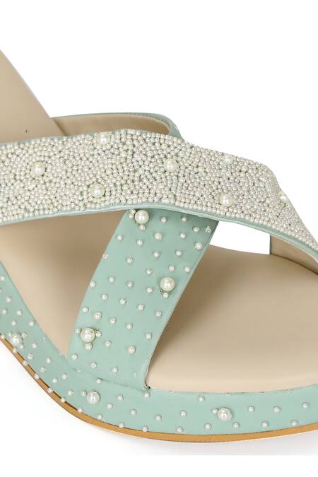 NR By Nidhi Rathi_Green Embellished Pearl Wedges_Online_at_Aza_Fashions