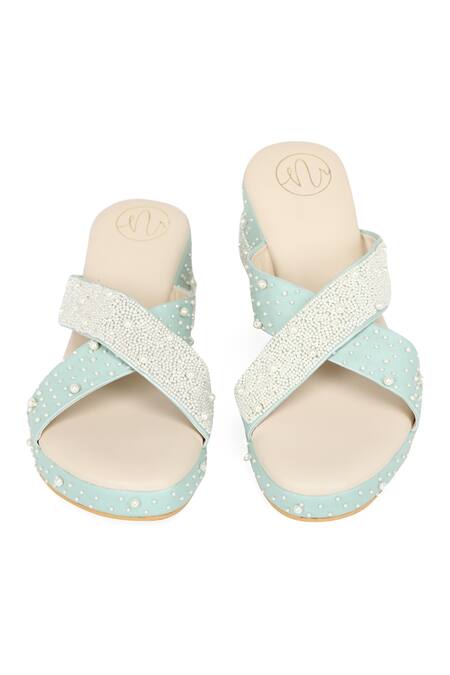 Buy_NR By Nidhi Rathi_Green Embellished Pearl Wedges_Online_at_Aza_Fashions