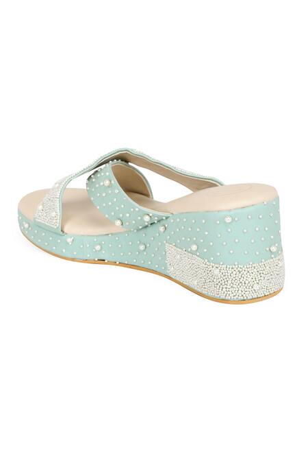 NR By Nidhi Rathi_Green Embellished Pearl Wedges_at_Aza_Fashions