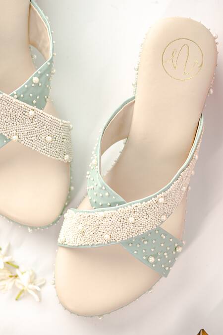 Shop_NR By Nidhi Rathi_Green Embellished Pearl Wedges