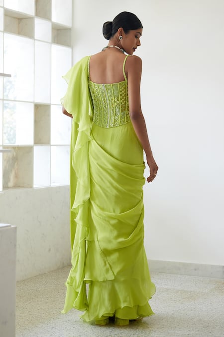Shop_Mishru_Green Tulle, Crepe, Organza Sequins, Noemi Pre-draped Ruffle Saree And Corset Set _at_Aza_Fashions