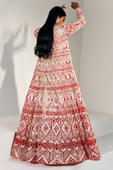 Shop_Ritika Mirchandani_Red Net Embroidered Geometric Jacket Open Rory And Sharara Set  _at_Aza_Fashions