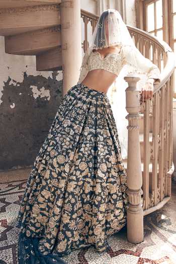 Buy_Paulmi And Harsh_Green Silk, Net, Chiffon Sequins, Vintage Floral Print Lehenga Blouse Set _Online_at_Aza_Fashions